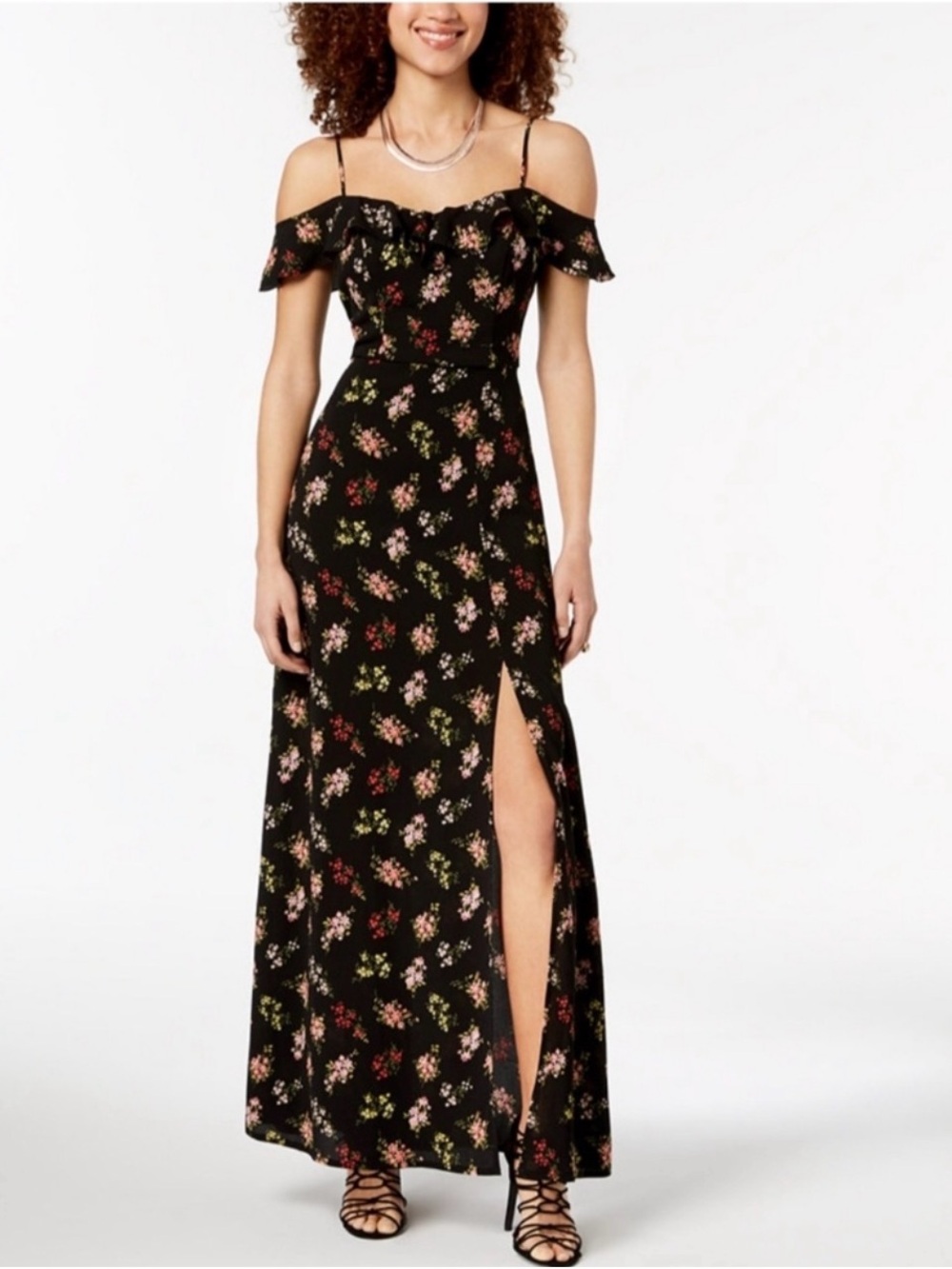 B Darlin Black Floral Off-Shoulder Maxi Dress with Side Slit